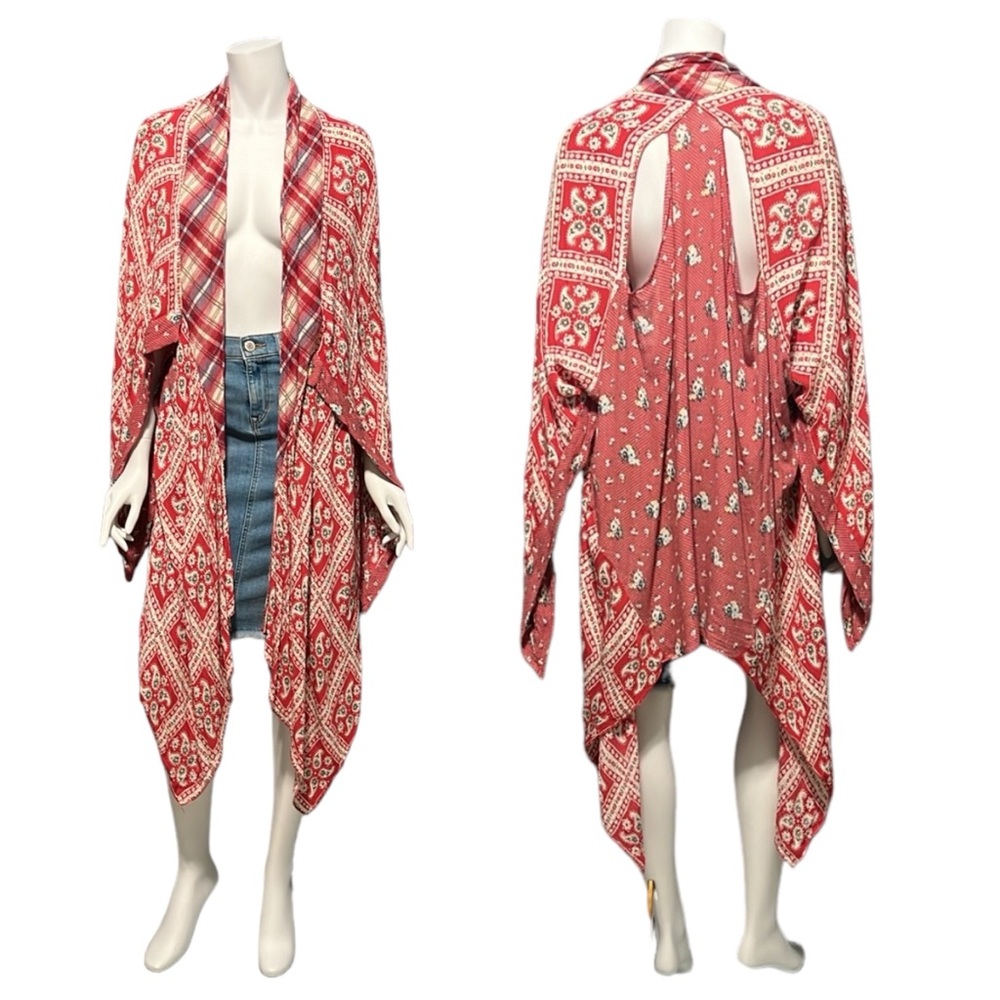 NWT Free People Paisley Patchwork & Plaid Little Wing Kimono OSFA Red Multi